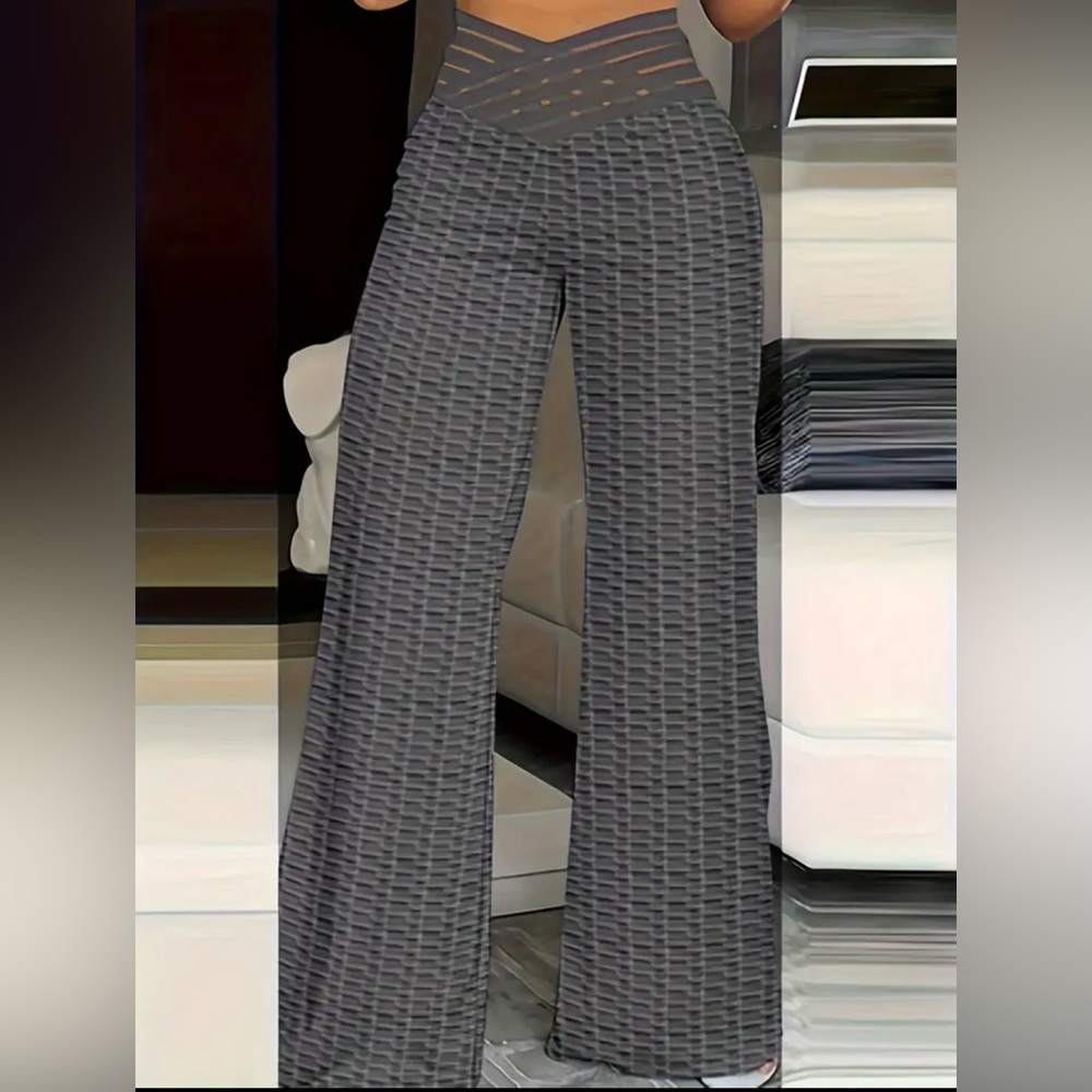 Women’s Gray Trousers Straight Leg Pants Cross Hollow  Waist Wide Leg Size L